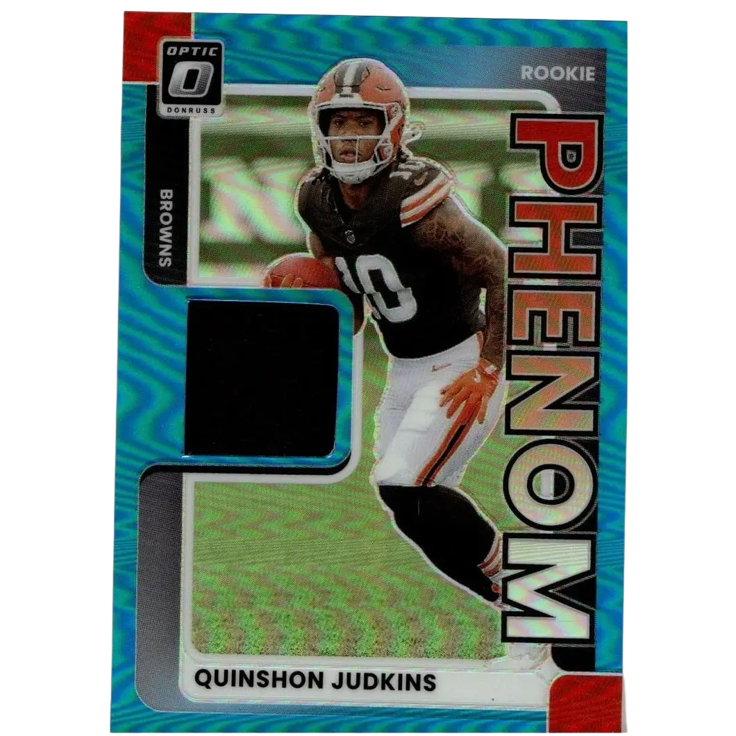 This is a 2025 donruss optic rookie phenoms blue holographic quinshon judkins rookie trading card with cleveland browns colors