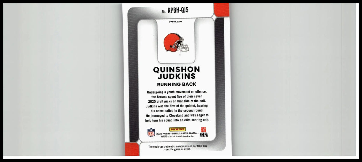 Cleveland Browns football trading card featuring quinshon judkins rookie phenoms red helmet 2025 Donruss Optic