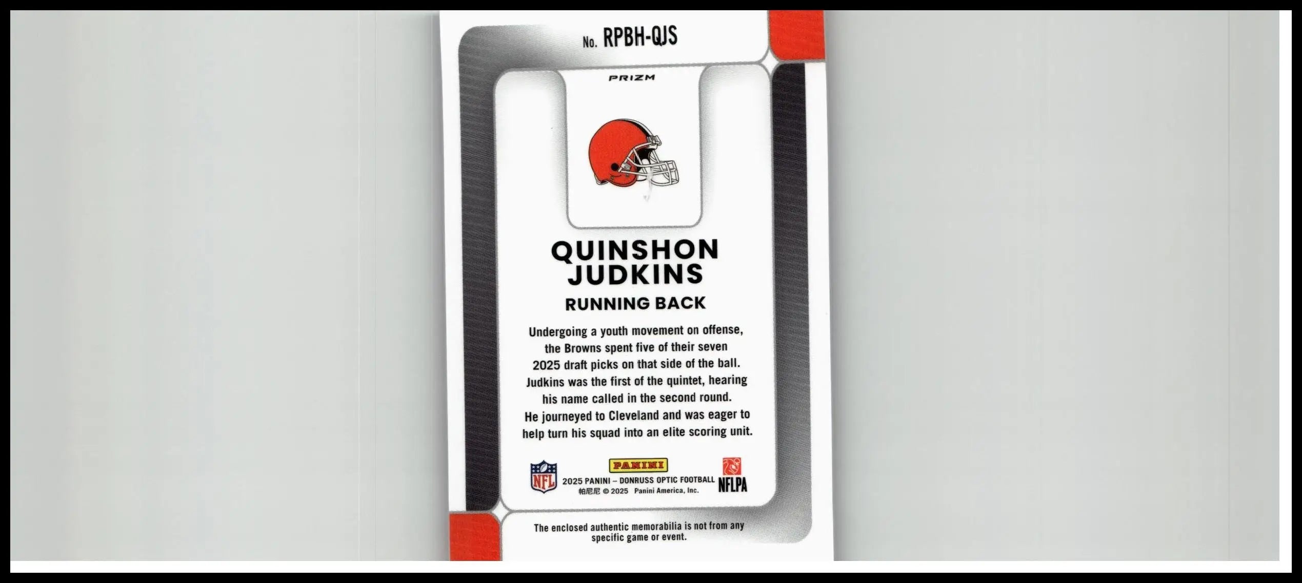 Cleveland Browns football trading card featuring quinshon judkins rookie phenoms red helmet 2025 Donruss Optic