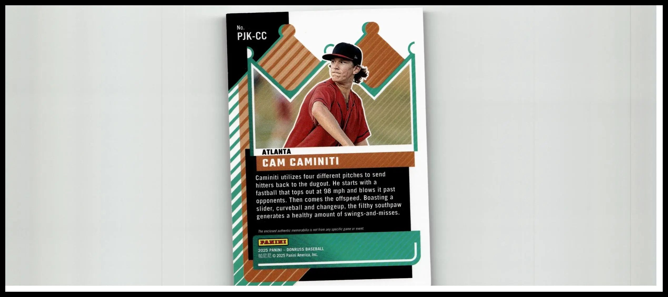 2025 donruss baseball trading card of cam caminiti prospect in red jersey with atlanta braves logo purple jersey kings numbering