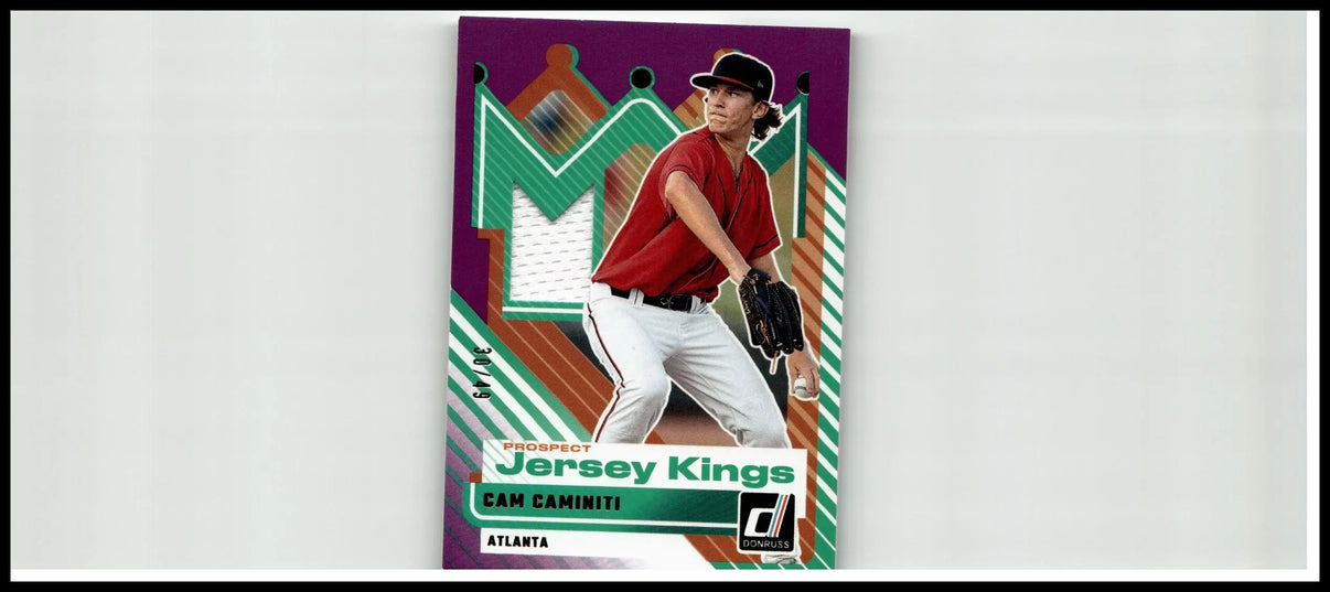 A vibrant purple and green 2025 donruss cam caminiti prospect jersey kings baseball card numbered 49 of 49