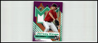 A vibrant purple and green 2025 donruss cam caminiti prospect jersey kings baseball card numbered 49 of 49