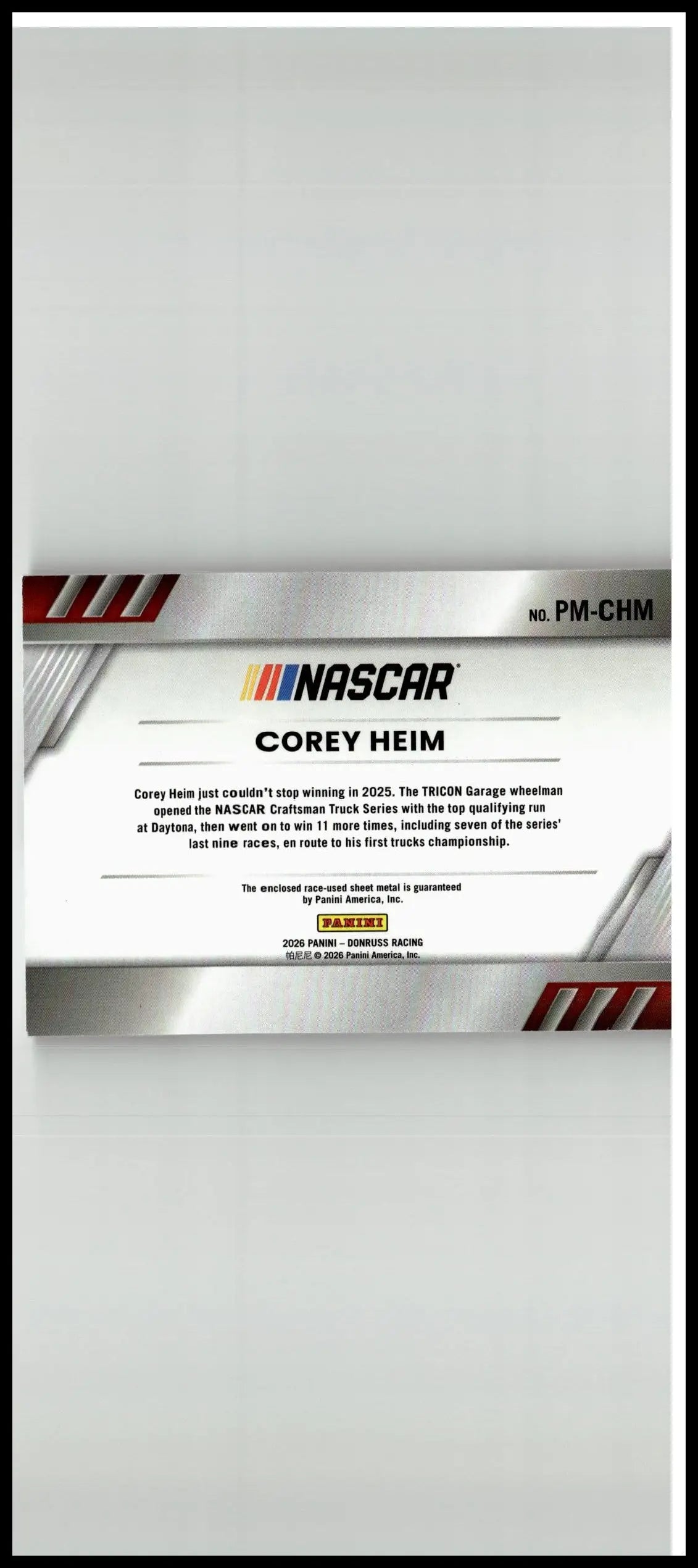 Silver and red nascar trading card featuring corey heim pedal with a sleek metallic finish from metal materials red series