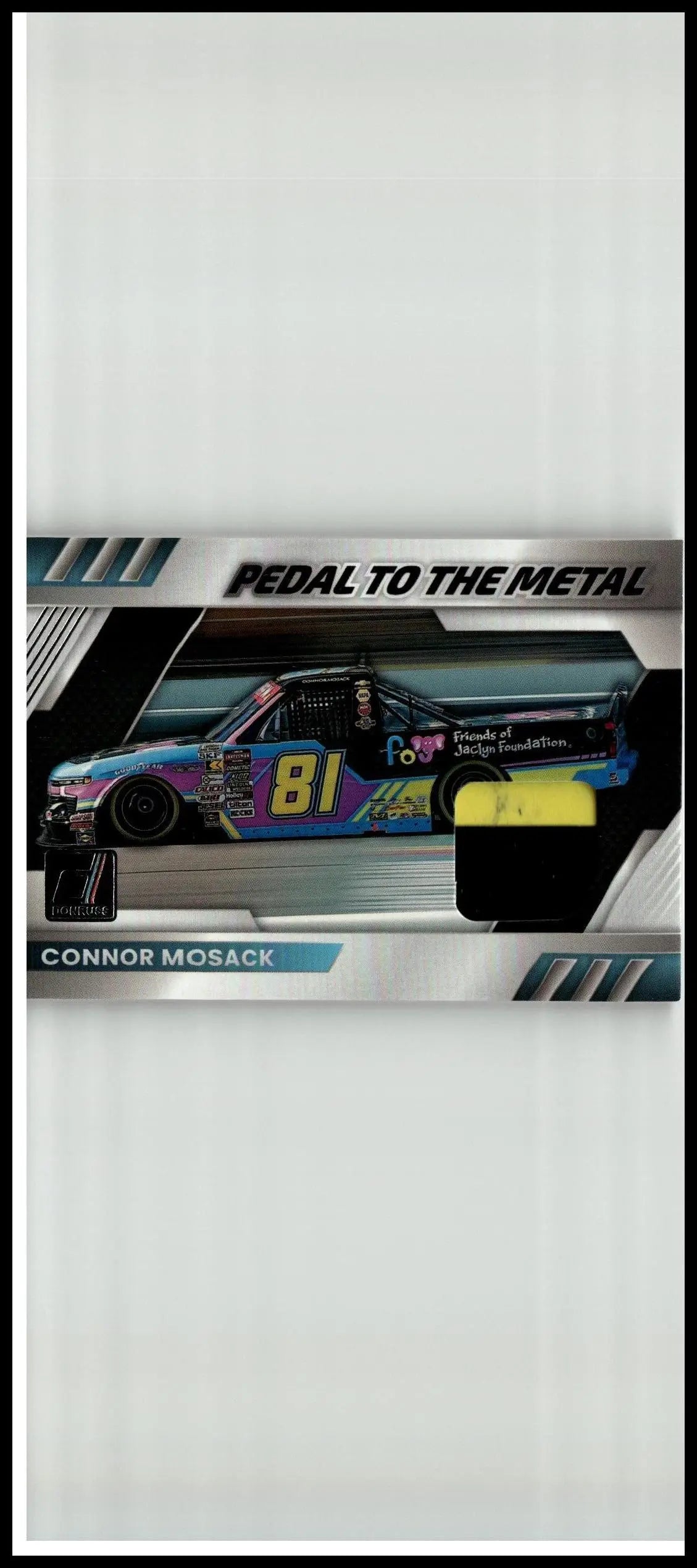 A vibrant multicolored nascar race car model number 81 with sponsor decals in black and silver packaging for connor mosack pedal