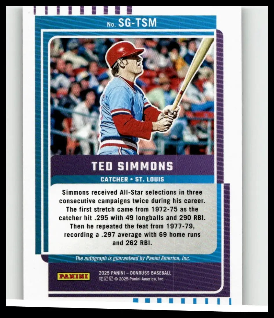 Blue and purple 2025 Donruss ted simmons signature series baseball card showing simmons in light blue jersey with bat
