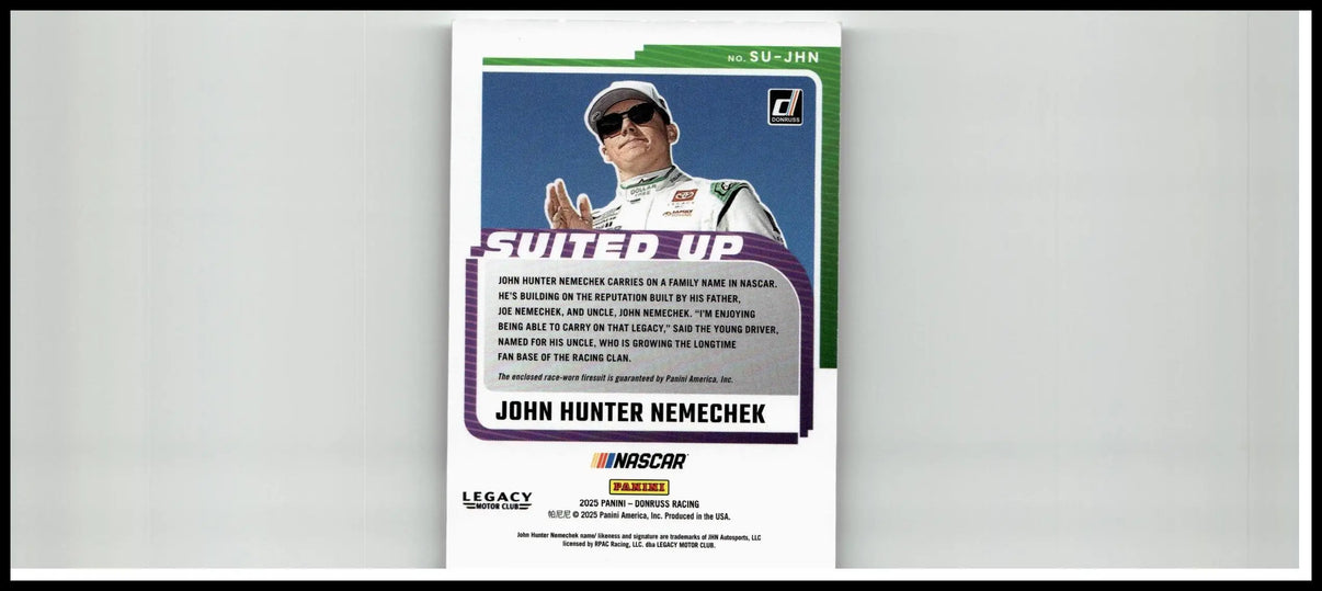 White and green nascar trading card featuring john hunter nemechek in racing suit by panini 2025 donruss su suited up swatches blue numbered 49