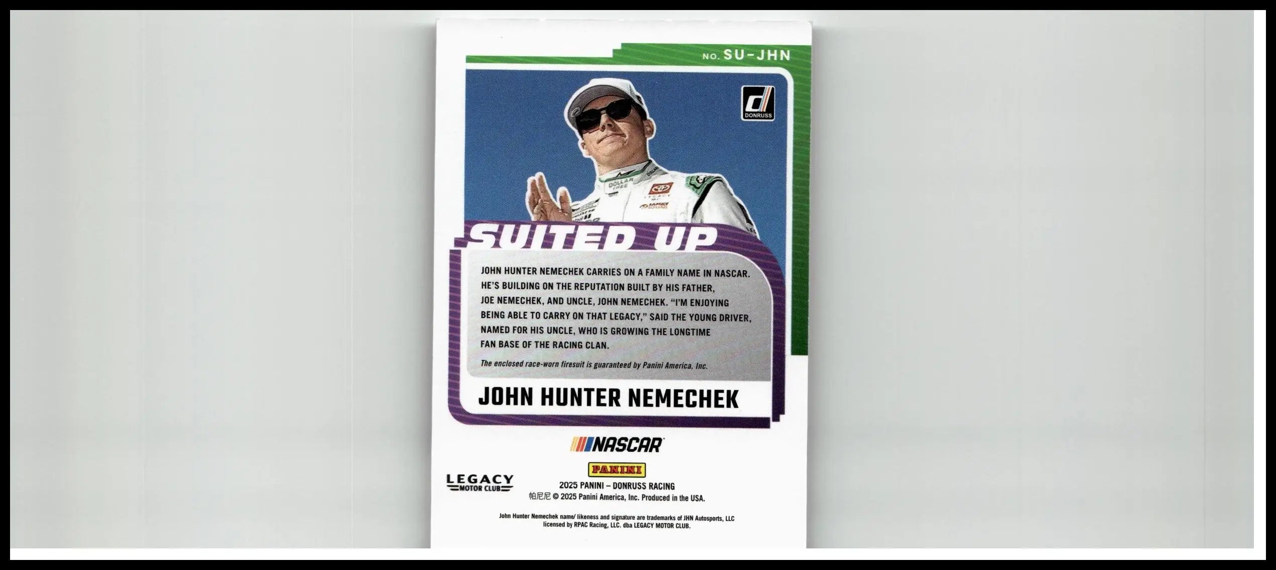 White and green nascar trading card featuring john hunter nemechek in racing suit by panini 2025 donruss su suited up swatches blue numbered 49