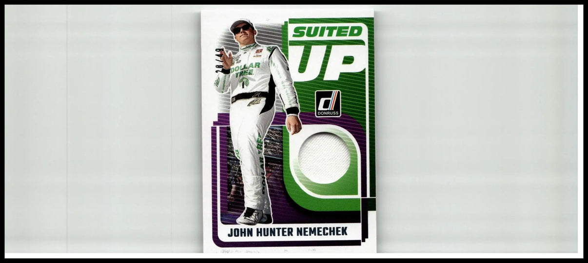 Green and purple suited up trading card featuring john hunter nemechek in white racing suit from 2025 donruss