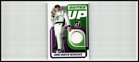 Green and purple suited up trading card featuring john hunter nemechek in white racing suit from 2025 donruss