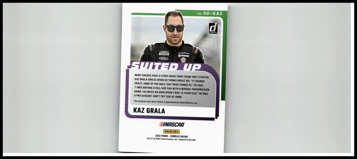 White and green nascar trading card featuring kaz grala suited in black racing suit labeled suited up from 2025 donruss