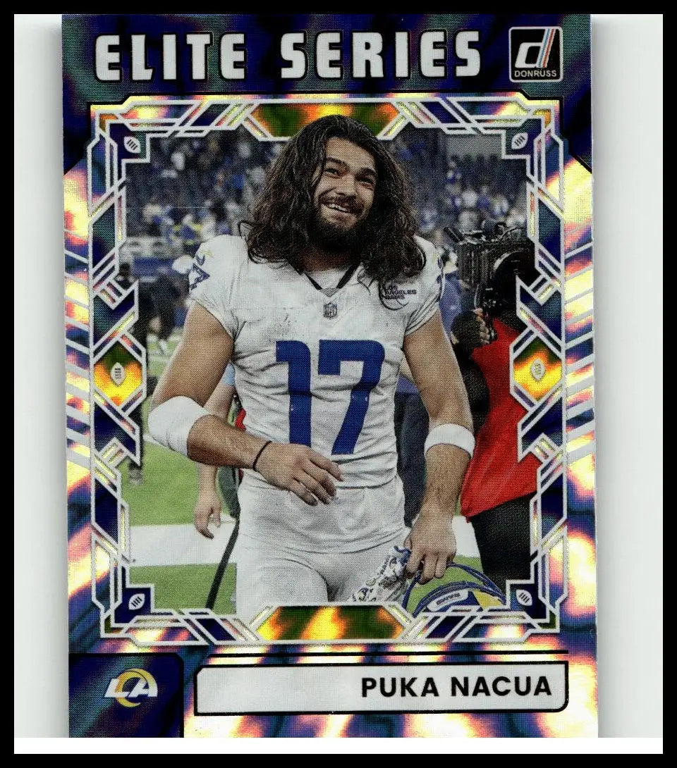 2025 donruss elite series football trading card featuring puka nacua in white jersey number 17 holding football