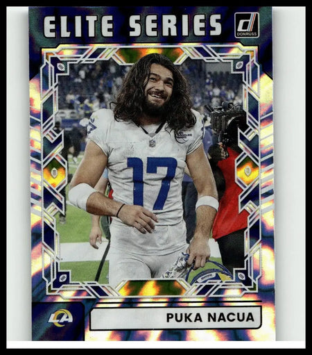 2025 donruss elite series football trading card featuring puka nacua in white jersey number 17 holding football