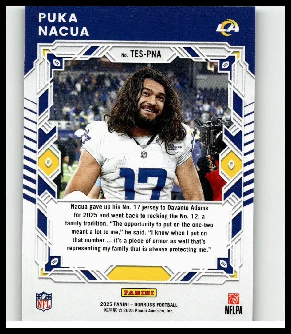 Blue and white framed 2025 donruss elite series football trading card featuring puka nacua in white jersey number 17