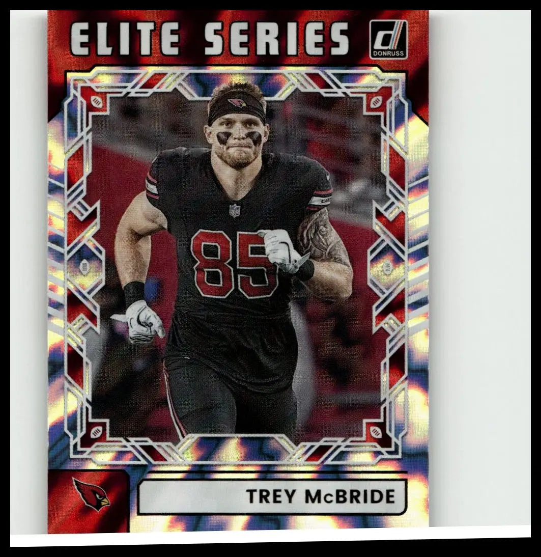 Black and red 2025 Donruss elite series football trading card featuring trey mcbride in arizona cardinals uniform 85