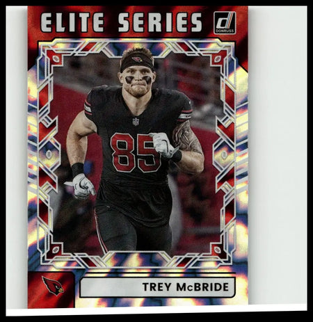 Black and red 2025 Donruss elite series football trading card featuring trey mcbride in arizona cardinals uniform 85