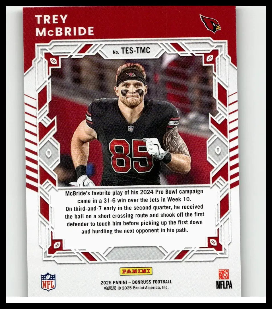 Red and white framed 2025 Donruss elite series trading card featuring trey mcbride in black jersey number 85