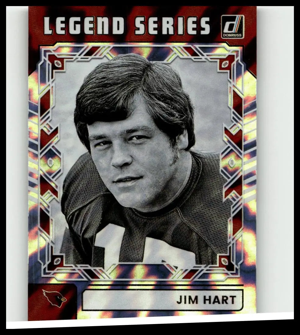 Black and white portrait of jim hart framed by ornate red and silver border on 2025 donruss legend series card
