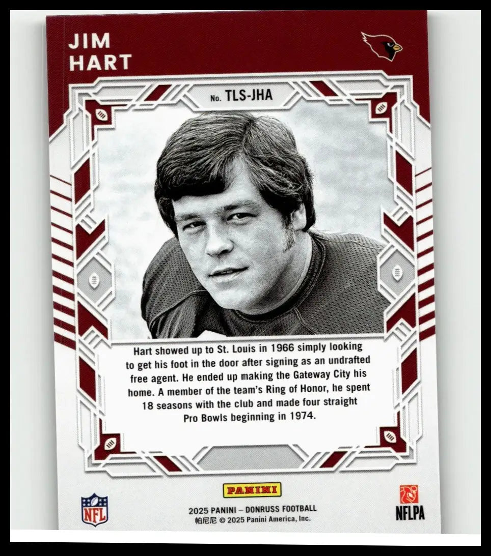 Maroon and white framed jim hart football trading card from 2025 donruss legend series with black and white portrait