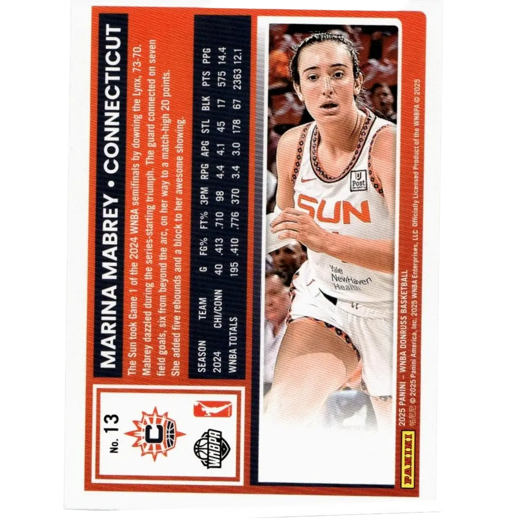 White and orange 2025 Donruss WNBA basketball trading card featuring marina mabrey holo in sun jersey
