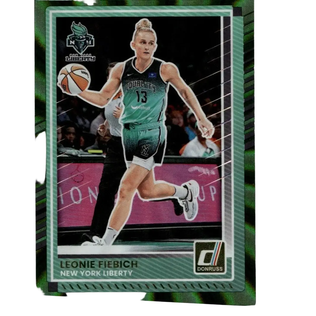 Green and black donruss wnba basketball trading card featuring leonie fiebich green laser in action