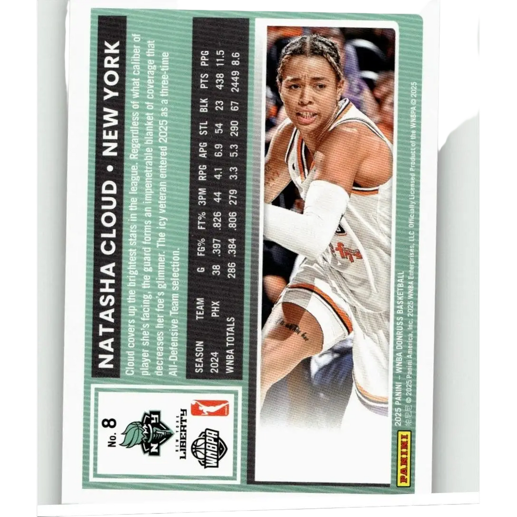 A white and orange donruss wnba 2025 trading card featuring natasha cloud holo in action #8 from new york liberty