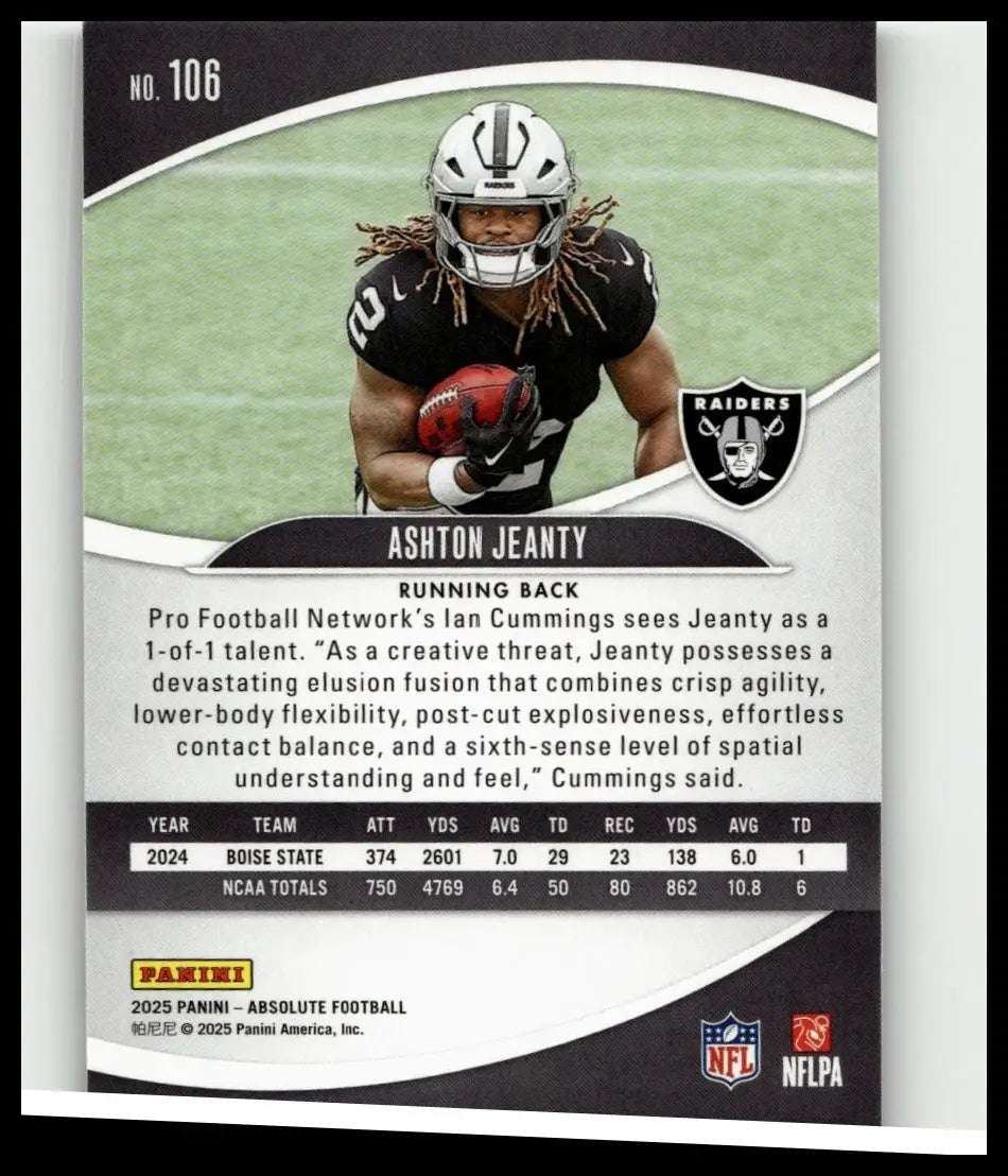 Black and silver 2025 panini absolute retail football trading card of ashton jeanty holding a red football in raiders uniform