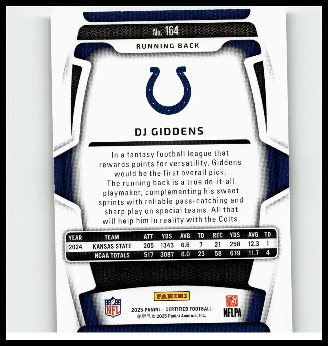 Blue and white panini certified football trading card featuring dj giddens of indianapolis colts numbered 164 of 499