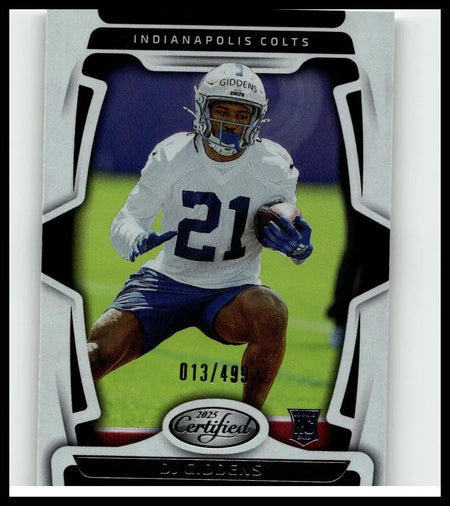 White and blue panini certified indianapolis colts football trading card featuring dj giddens in action numbered 013 of 499