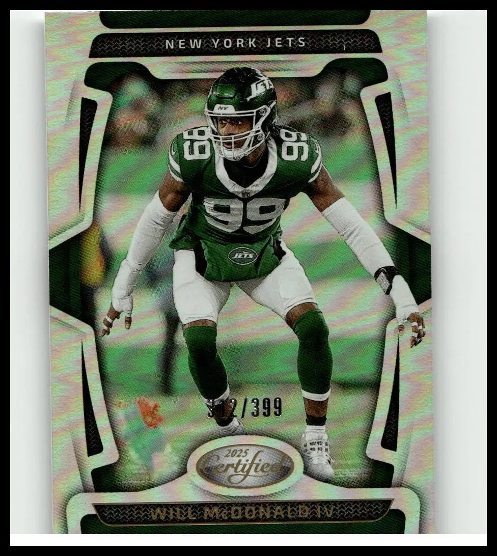 Green and white New York Jets football jersey number 99 featuring McDonald IV Mirror from 2025 Panini Certified card