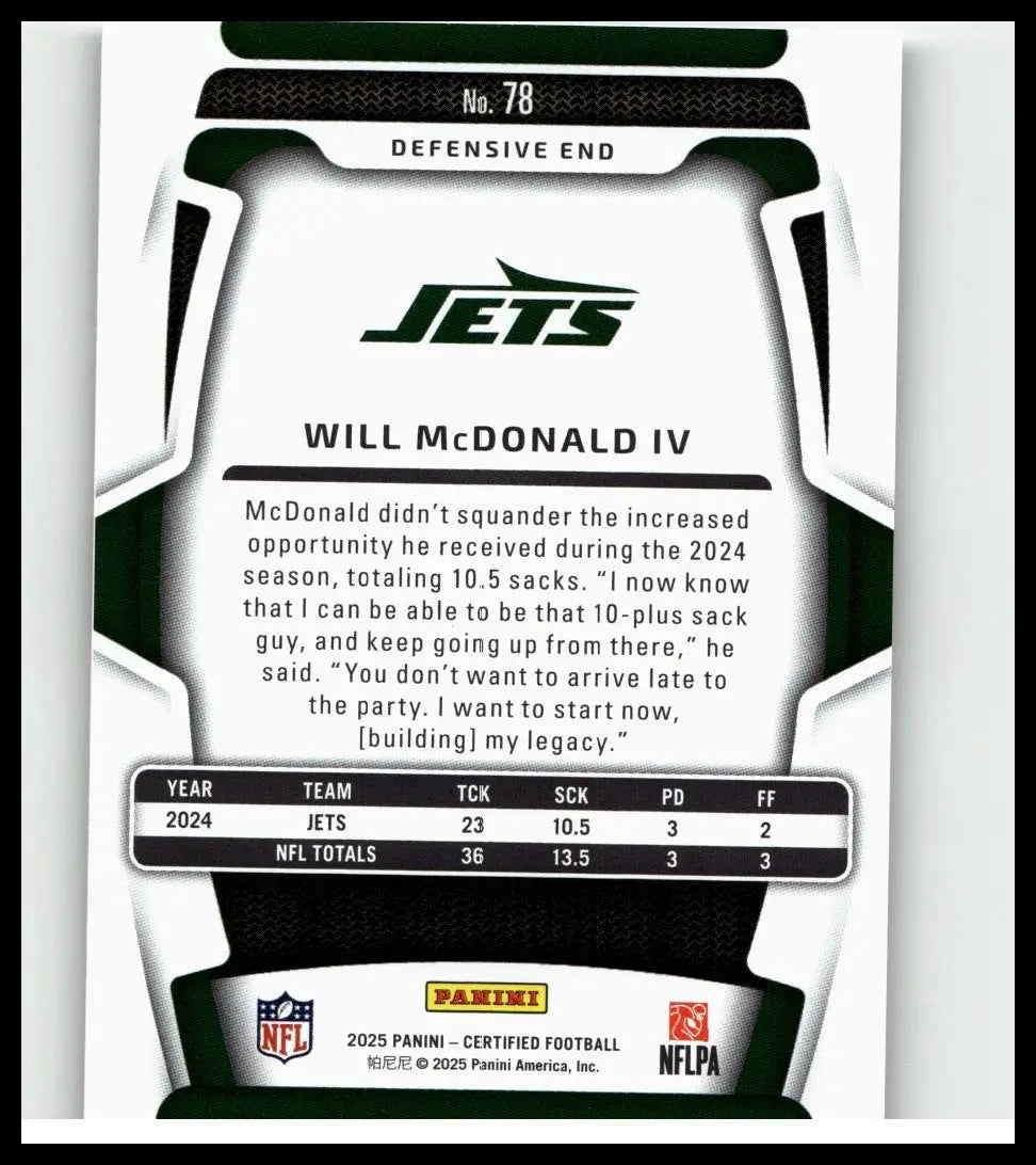 Green and black 2025 panini certified mcdonald iv mirror nfl trading card featuring jets defensive end numbered 78 of 399