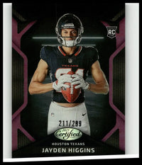 Black and purple 2025 panini certified jayden higgins certified mirror purple rookie card holding red football