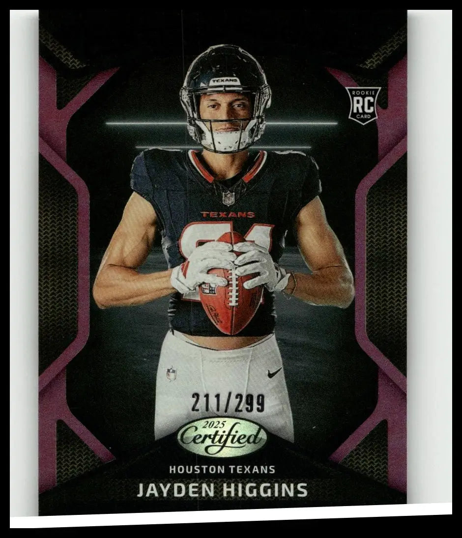 Black and purple 2025 panini certified jayden higgins certified mirror purple rookie card holding red football