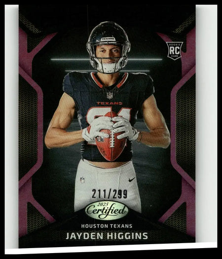 Black and purple 2025 panini certified jayden higgins certified mirror purple rookie card holding red football