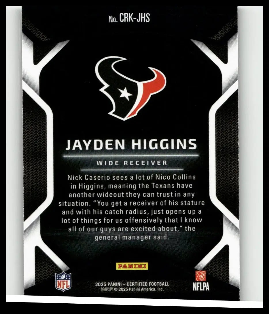 Black and white jayden higgins certified panini certified nfl trading card 2025 certified mirror purple #299
