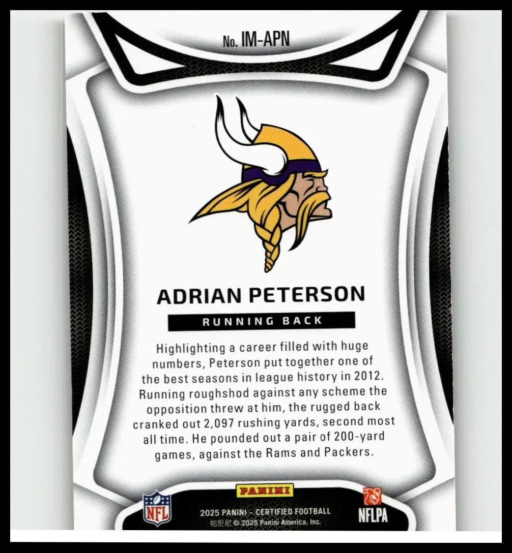 White and black minnesota vikings adrian peterson immortals mirror orange football trading card with stats and logo