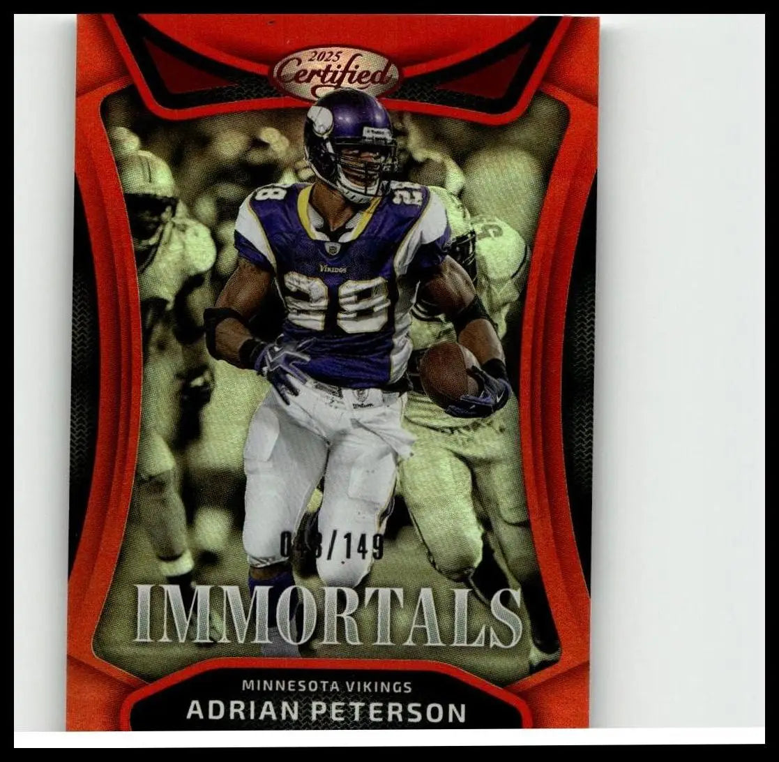 2025 panini certified adrian peterson immortals trading card with orange mirror design and vikings purple gold jersey