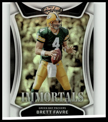2025 panini certified brett favre immortals football trading card featuring green and yellow brett favre jersey number 4
