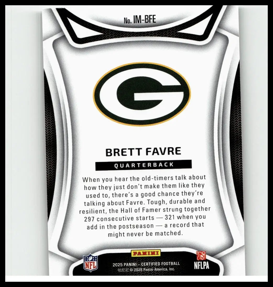 White and black brett favre immortals panini certified football trading card featuring quarterback and stylized g logo