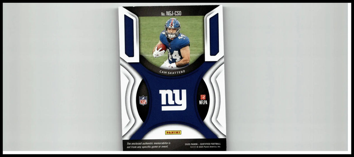 Blue and white panini certified nfl trading card featuring cam skattebo jerseys mirror teal in new york giants uniform