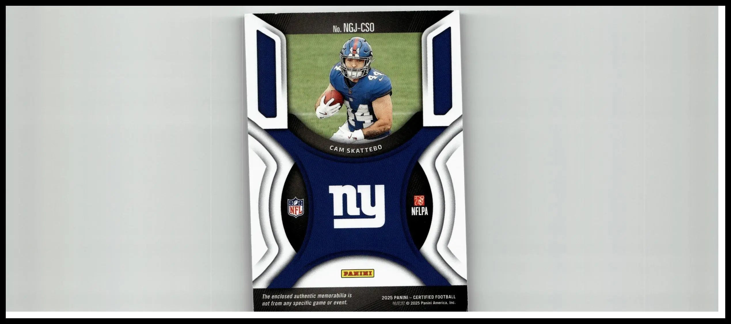 Blue and white panini certified nfl trading card featuring cam skattebo jerseys mirror teal in new york giants uniform