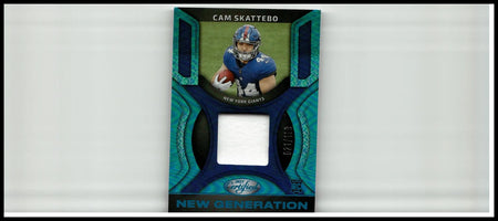 Teal and black framed panini certified sports trading card featuring cam skattebo with authentic jerseys mirror teal swatch