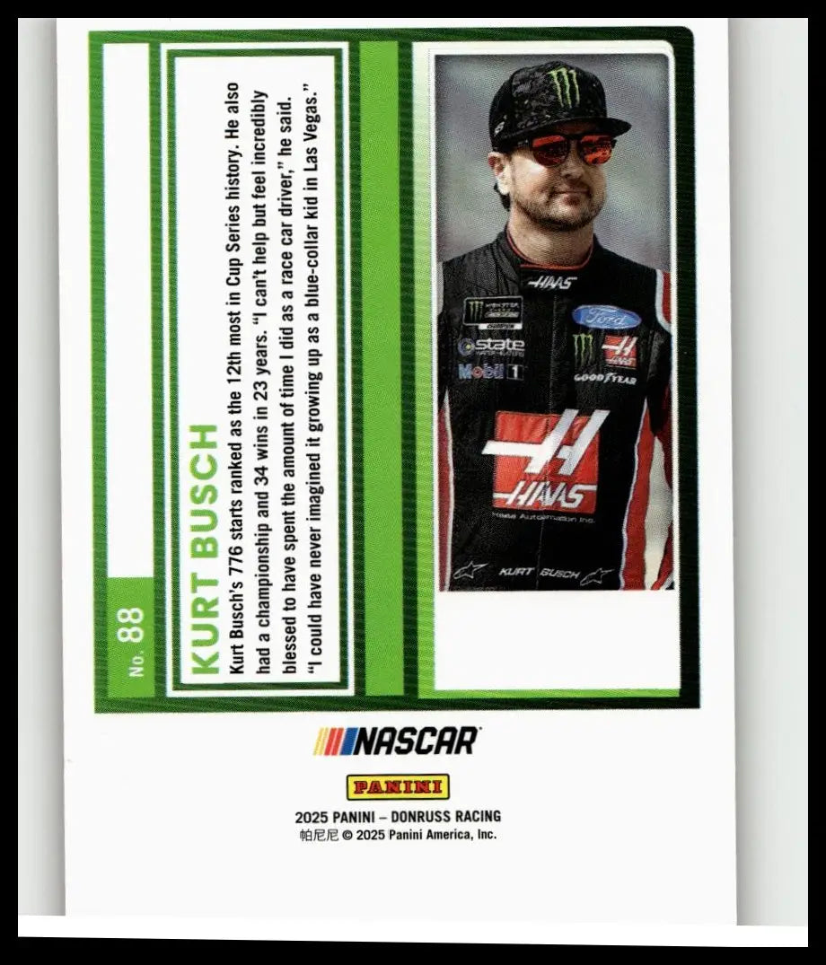Black and red nascar racing jersey featuring kurt busch with sponsor logos from 2025 panini donruss toys and games