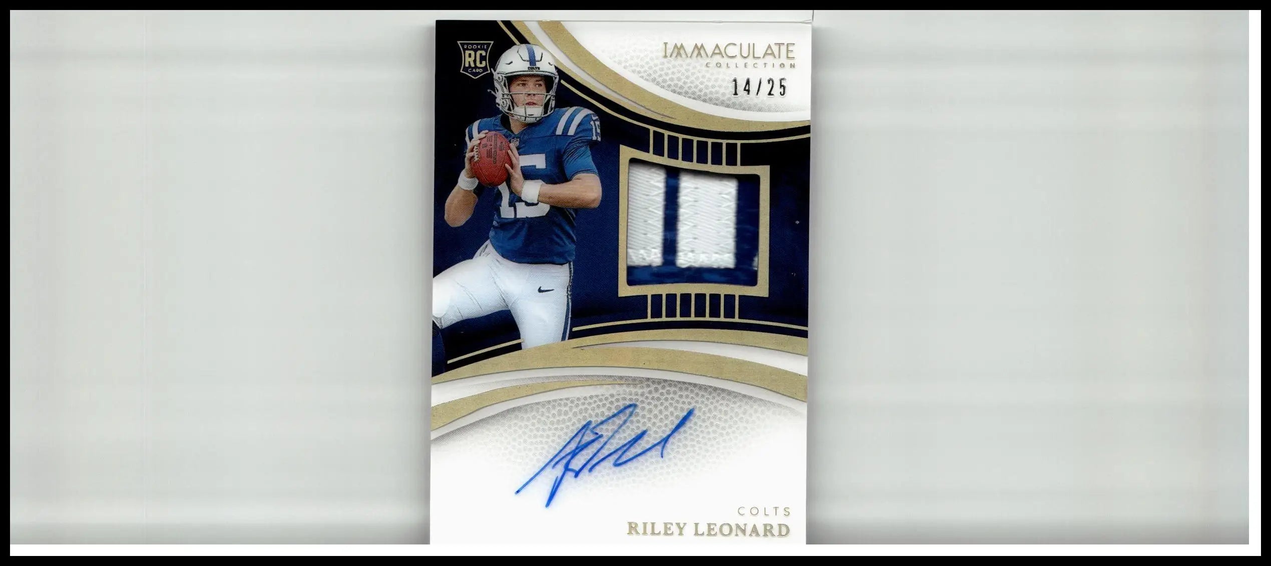 Blue and white riley leonard rookie card from 2025 panini immaculate collection with gold border and autograph numbered 25