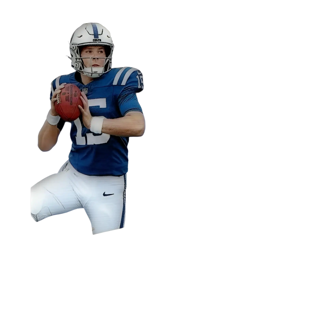 Blue and white Indianapolis Colts rookie football card featuring Riley Leonard Gold holding ball with autograph from 2025 Panini Immaculate Collection