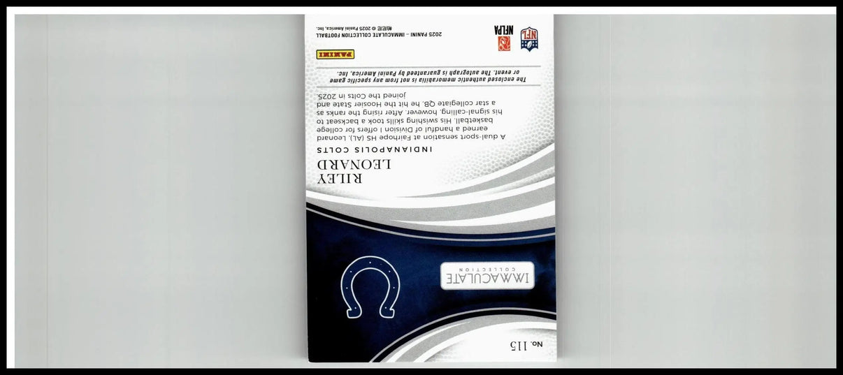Black and silver trading card sleeve featuring riley leonard name from panini immaculate collection riley leonard gold