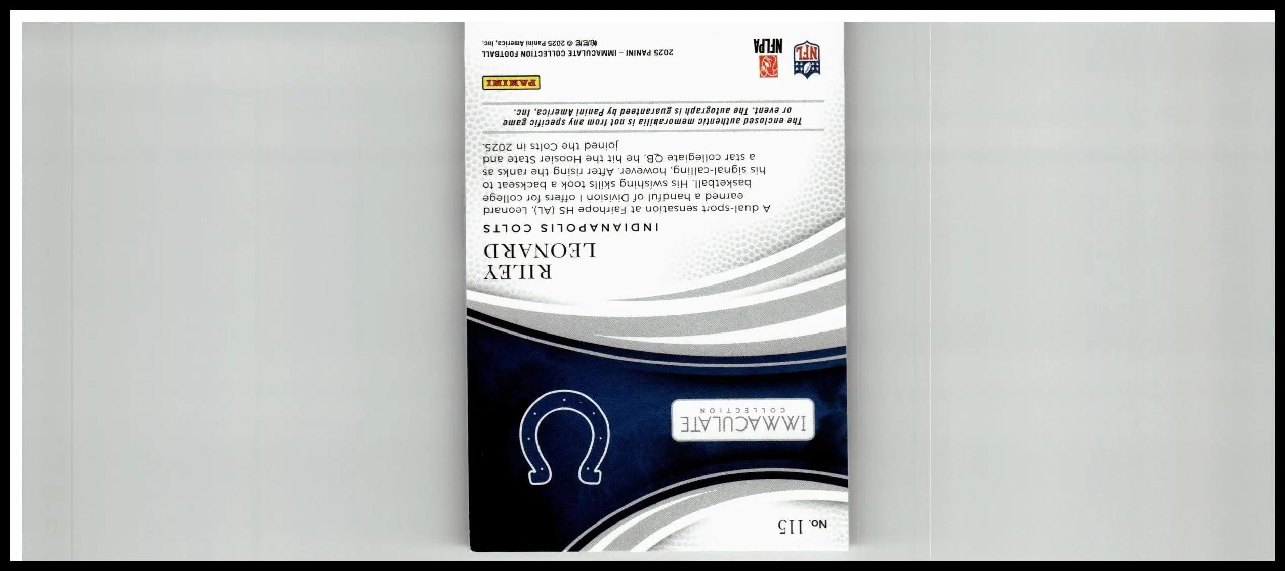 Black and silver trading card sleeve featuring riley leonard name from panini immaculate collection riley leonard gold