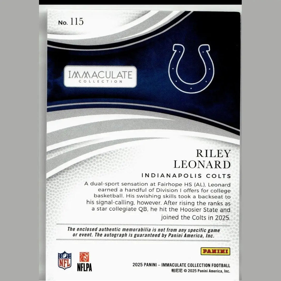 Dark blue and silver 2025 panini immaculate collection riley leonard gold football trading card numbered 25 of 25