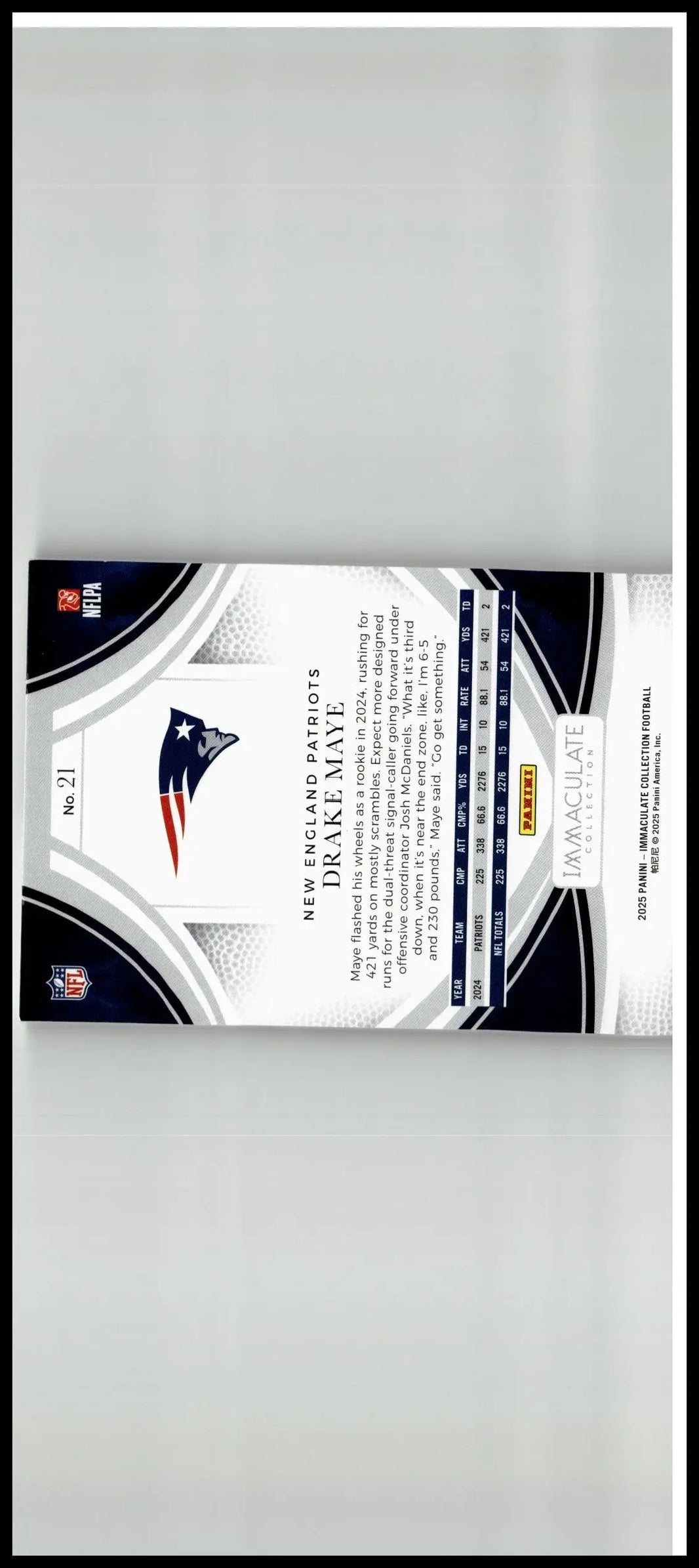 Black and white nfl trading card featuring drake maye with silver accents from 2025 panini immaculate collection blue #21