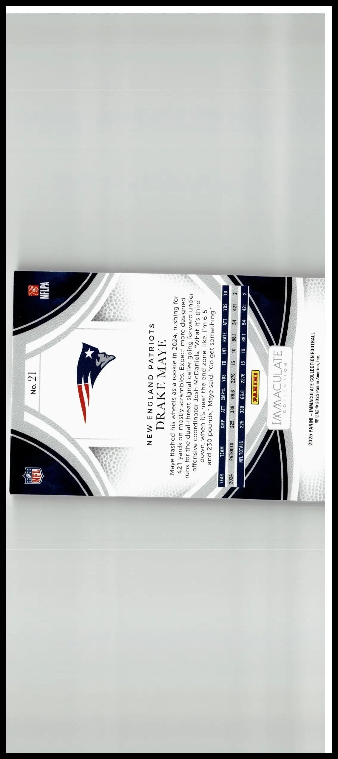 Black and white nfl trading card featuring drake maye with silver accents from 2025 panini immaculate collection blue #21