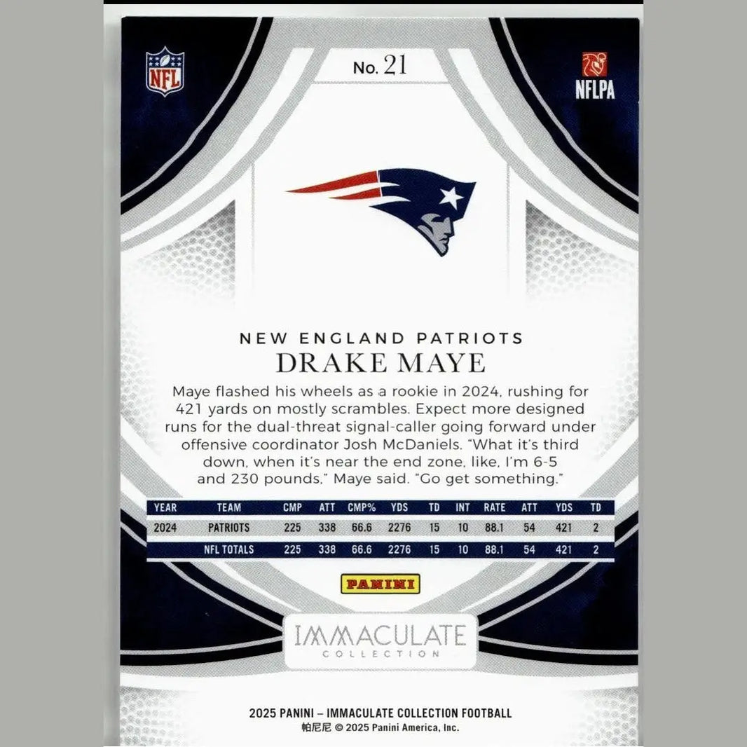 2025 panini immaculate collection football card featuring drake maye blue with patriots logo and navy silver design